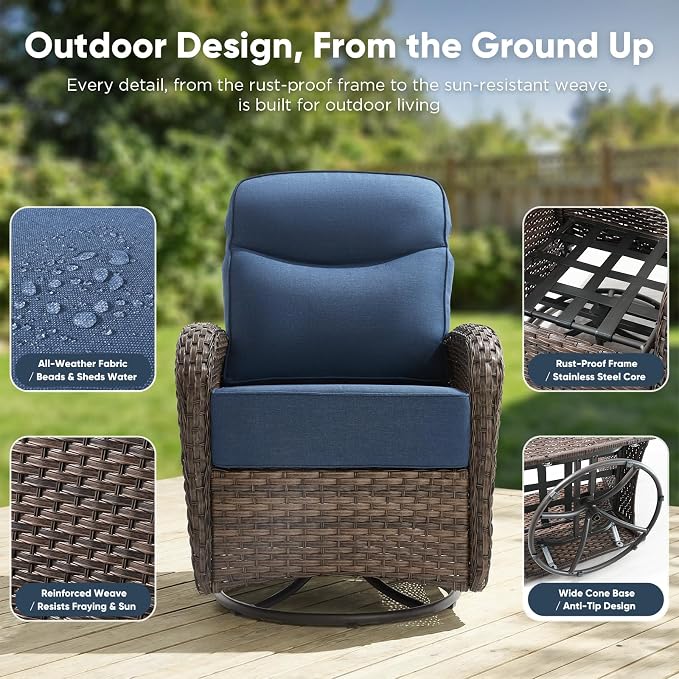 HUMMUH Outdoor Swivel Rocker Patio Chairs with Ottomans,Luxury 6-inch Thick Cushion High Back Patio Furniture Set,5PCS Wicker Conversation Set for Deck Yard and Poolside