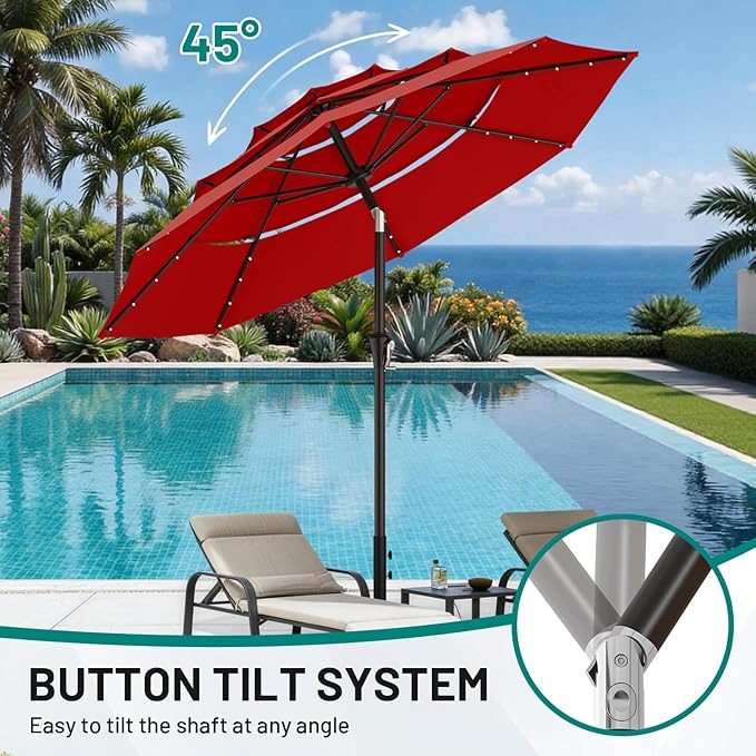 AreShark 9ft 3 Tiers Patio Umbrella with Solar Lights, Outdoor Umbrella w/ 32 LED Lights&8 Sturdy Ribs, Table Umbrella for Deck, Backyard, Pool (Red)