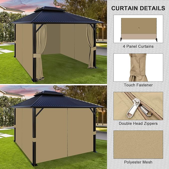 Aoodor 10x10 ft Outdoor Gazebo Curtains, 4 Panels Waterproof Privacy Sidewall Replacement with Zipper for Patio Pergola and Canopy, Khaki
