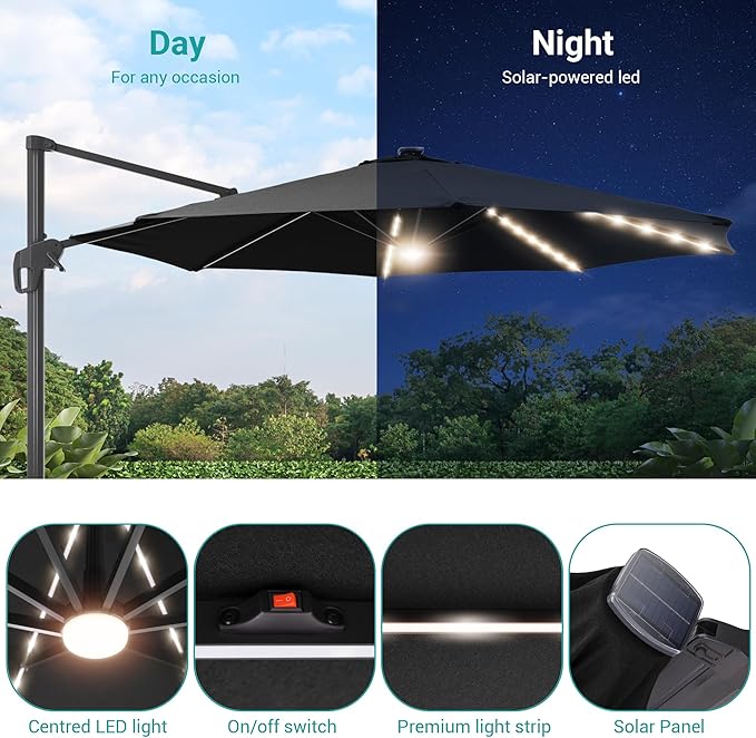 FLAME&SHADE 11 ft Cantilever Offset Patio Umbrella, Large Heavy Duty Outdoor Patio Umbrella Aluminum 360° Rotation Round Outdoor Umbrella for Deck,Pool,Backyard