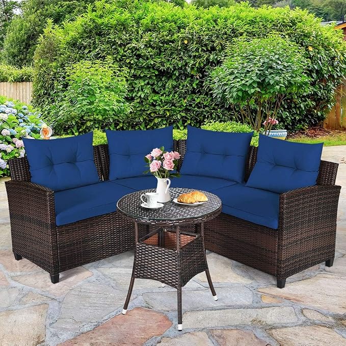HAPPYGRILL 4 Pieces Rattan Patio Conversation Set, Outdoor Wicker Furniture Set with Cushioned Sofas and Coffee Table, L-Shape Sectional Curved Sofa Set for Garden Poolside Balcony