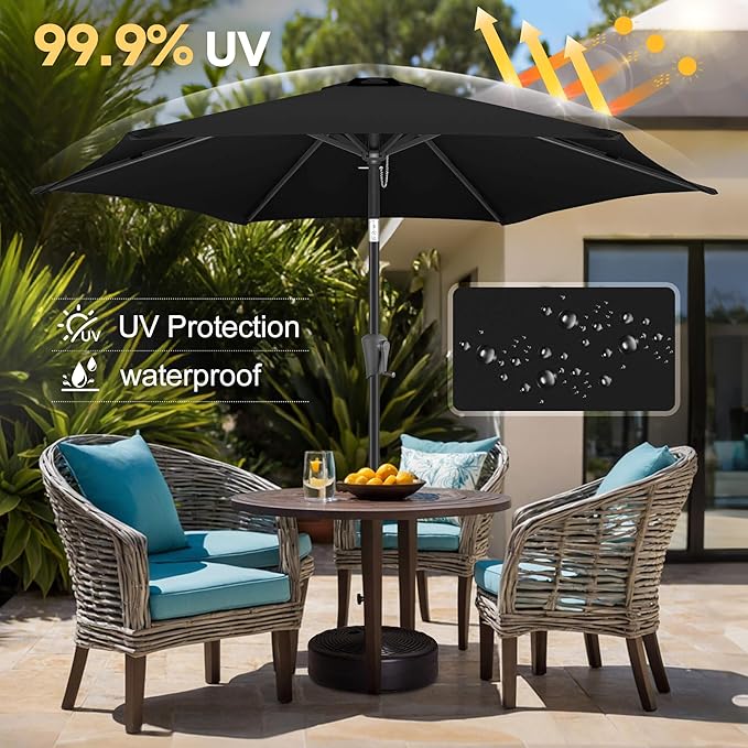 FLAME&SHADE 9ft Patio Umbrella Outdoor - Table Umbrella with Push Button Tilt and Crank, UV Protection, 6 Sturdy Ribs, Market Umbrella for Garden, Deck, Backyard, Lawn, Pool and Beach(Black)