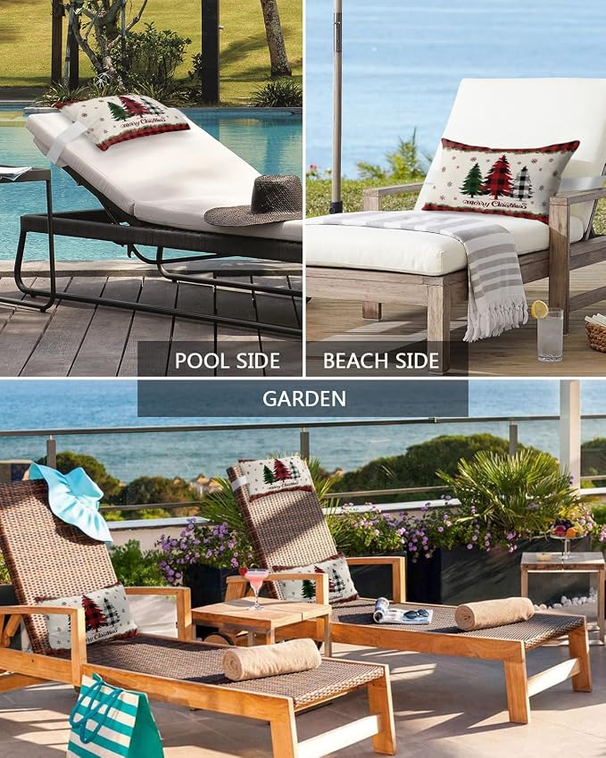 Outdoor Pillows Covers with Inserts Merry Christmas Buffalo Check Plaid Tree Waterproof Recliner Pillow with Adjustable Strap Throw Pillows for Patio Furniture Pool Lounge Chair, 11x16 inch, 1PCS