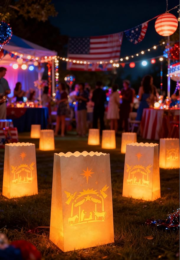 AceList 30 Set Luminaries Bag with Flameless Candles, Flickering LED Tea Lights with Paper White Luminary Bags Battery Operation for Party, Halloween, Christmas Decoration (Nativity, Bag+Candle)