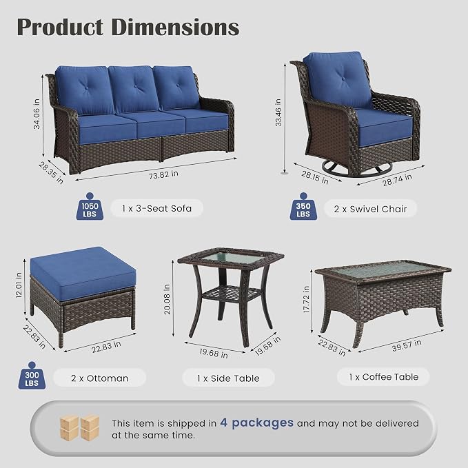 Sundale Outdoor 7 Piece Wicker Patio Furniture Set, High Back Outdoor Couch with Swivel Chairs, Ottoman & Coffee Table, 6" Thick Cushion Patio Conversation Sets with Deep Seating for Yard, Deck (Blue)