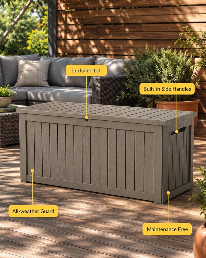 MAKINO 274 Gallon Large Waterproof Deck Box, Heavy Duty Resin Outdoor Storage Box, Outside Storage Bench with Hydraulic Rod for Patio/Cushions/Garden Tools/Backyard/Pool Accessories, Grey Brown