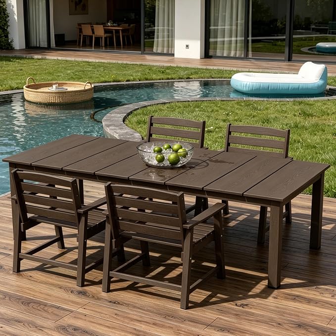 AreShark 5-Piece Outdoor Dining Set,HDPE Patio Table with 4 Armchairs,All-Weather Patio Furniture Set with Umbrella Hole,Low Maintenance Wood Grain Dining Set for Backyard,Garden,Poolside,Black