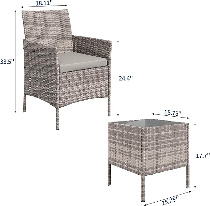 3-Piece Outdoor Furniture Set, PE Rattan Wicker Chairs with Soft Cushions & Tempered Glass Coffee Table - All-Weather Patio Set for Garden, Backyard, Porch, Poolside (Gray/Light Gray)