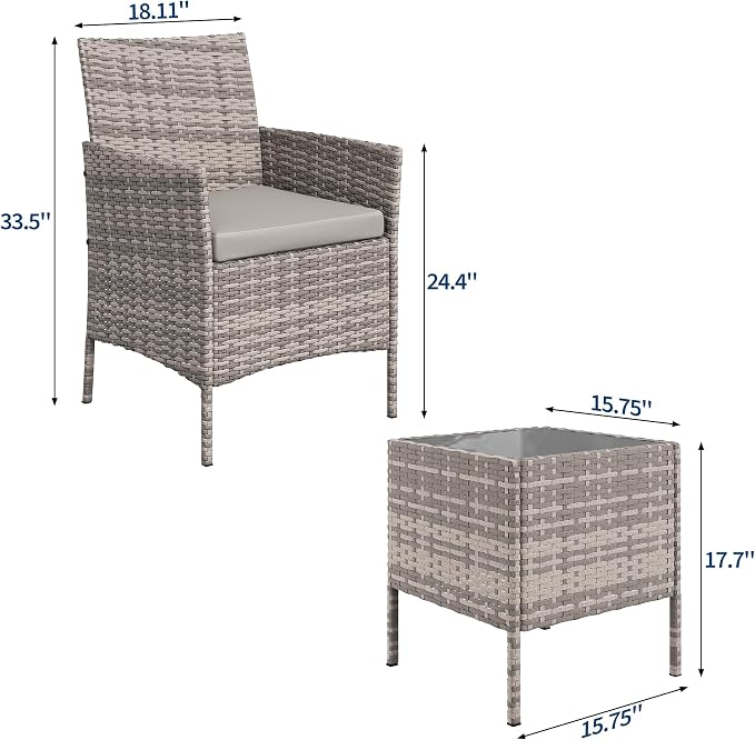 PeakPursuit 3 Pieces Patio Furniture Set, PE Rattan Wicker Patio Set with Soft Cushion and Glass Coffee Table, Upgraded Outdoor Patio Chairs and Table for Garden Poolside Balcony, Grey