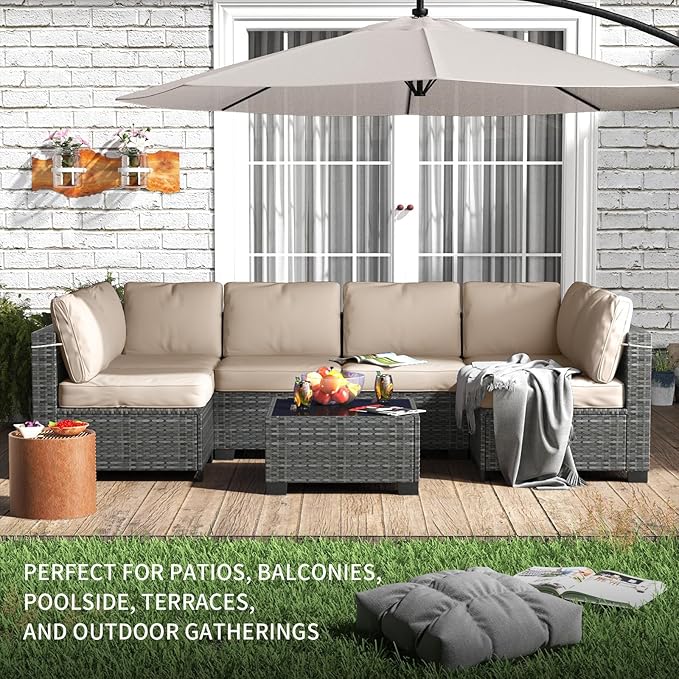 GarveeHome 7 Piece Patio Furniture Set, PE Rattan Wicker Sectional Sofa Set with Cushions & Glass Top Coffee Table, Outdoor Conversation Furniture for Garden, Balcony, Porch, Backyard