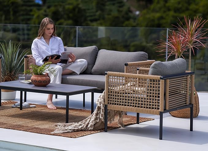 Grand patio 4-Piece Outdoor Conversation Set, Wicker Patio Furniture Set, Boho Patio Sofa Seating with Coffee Table for Garden, Backyard, Balcony, Gray