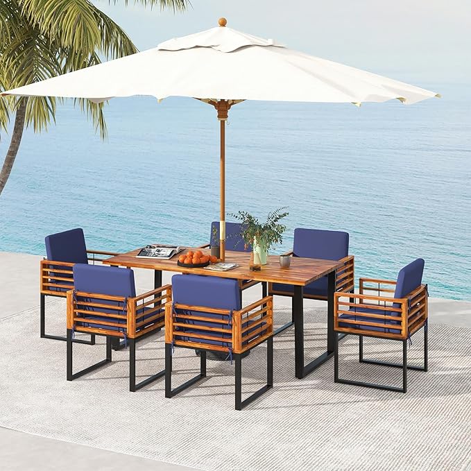 Tangkula 7 Piece Patio Dining Set, Acacia Wood Dining Chair & Table Set, 69” Spacious Tabletop with Umbrella Hole, Heavy-Duty Metal Support, Dining Set for Backyard, Poolside