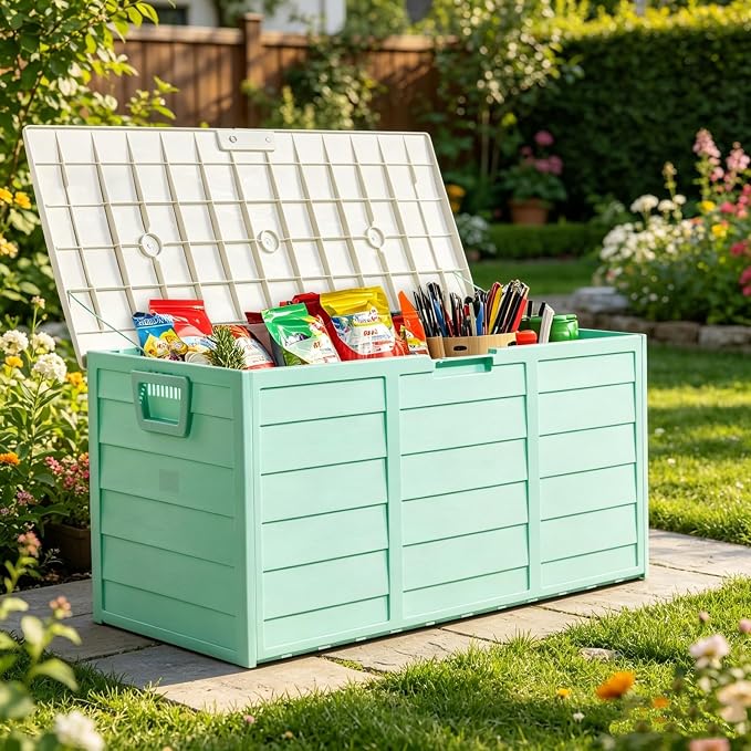 75 Gallon Waterproof Outdoor Deck Box with Wheels, Lockable Resin Patio Storage Container for Cushions, Garden Tools, Pool Accessories and Outdoor Supplies, Green White