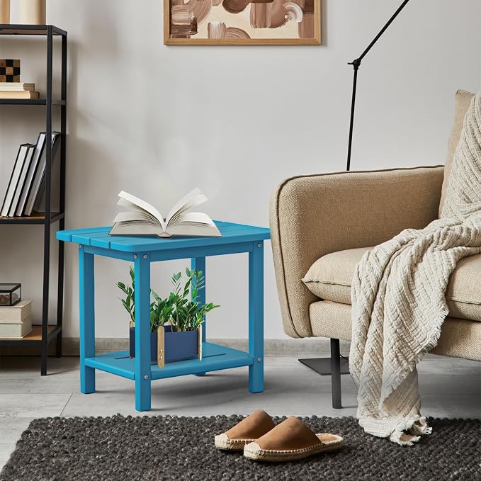 nevilywood Adirondack 2-Tier Outdoor Side Table, HDPE Weatherproof Patio End Table with Wood-Grain Finish, 250lbs Heavy Duty Small Accent Table for Balcony Backyard Poolside,Light Blue