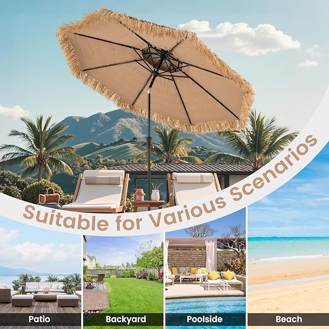 HAPPYGRILL 7.2FT Hula Thatched Tiki Umbrella w/Tilt, Hawaiian Style Beach Umbrella Patio Table Market Umbrella, Sun-Protective Portable Tropical Palapa for Outdoor Tiki Bar Garden Beach Pool Backyard (8.8 FT)