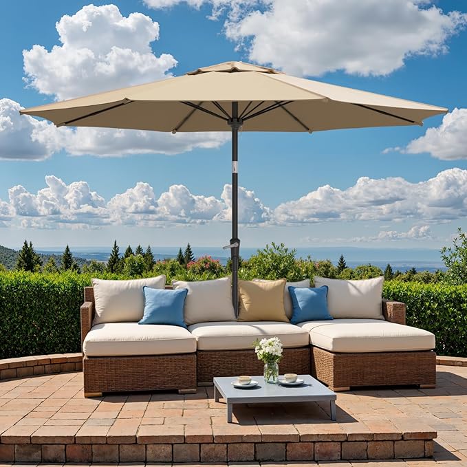 Outdoor Patio Umbrella, Table Umbrella with Push Button Tilt and Crank, 8 Ribs Market Umbrella