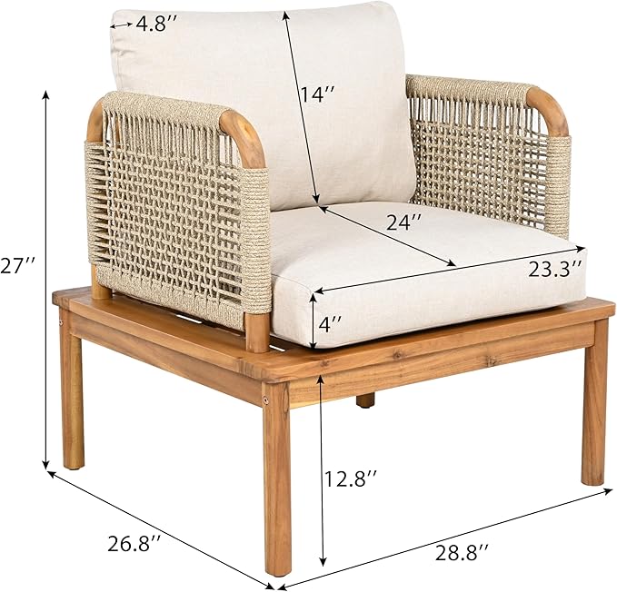 Merax MP2 Set of 2 Outdoor Club Chairs, Acacia Wood & Rope Weave with Water-Repellent Cushions, Patio Conversation Chairs for Garden & Balcony