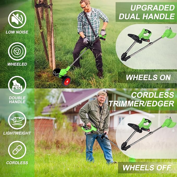 Electric Weed Wacker Cordless Eater 2 Battery,Foldable and Lightweight Grass Trimmer/Brush Cutter,5 Types Blade&Wheels 21V 4.0Ah Battery (2 Pieces) Powered for Garden and Yard (Foldable)