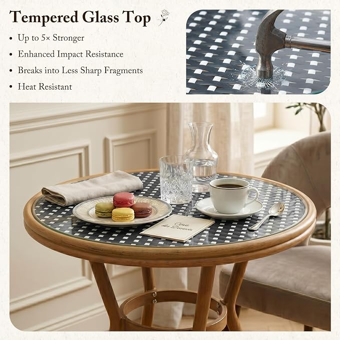 PURPLE LEAF 3-Piece French Bistro Dining Set Round Outdoor Patio Table and 2 Armless Chairs Tempered Glass Top PE Rattan Champagne Print Finish Aluminum Frame Black