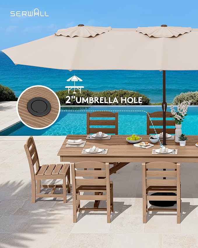 SERWALL 9 Piece Outdoor Dining Set, 84" HDPE Outdoor Table and Armless Chairs Set for 8，All Weather Patio Furniture Set with Umbrella Hole for Backyard, Garden, Brown
