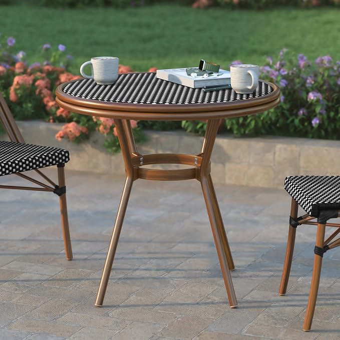 EMMA + OLIVER Colmar Indoor/Outdoor Bistro Table - Black & White Woven PE Rattan Pattern - Tempered Glass Top - Bamboo Finish Metal Frame - 31.5 in.