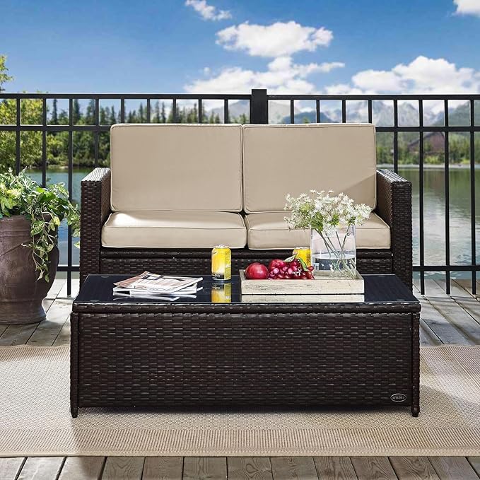 Outdoor Patio Conversation Set - Wicker Loveseat & Table - Brown