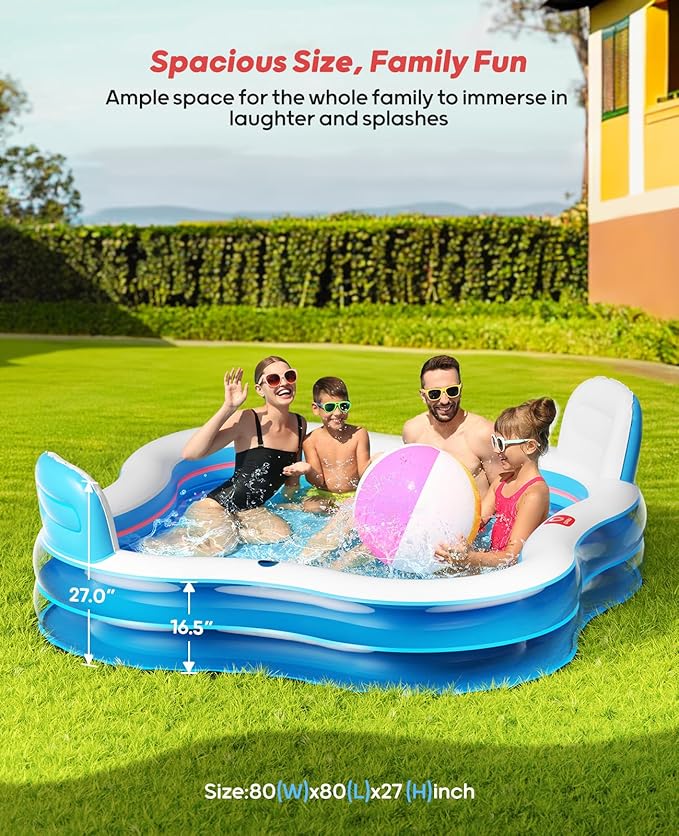 QPAU Inflatable Swimming Pool with 2 Seats and Backrests, 80" L x 80" W x 16.5" D Large Full-Sized Family Pools for Kids and Adults for Backyard, Garden, Outdoors, Clear Blue