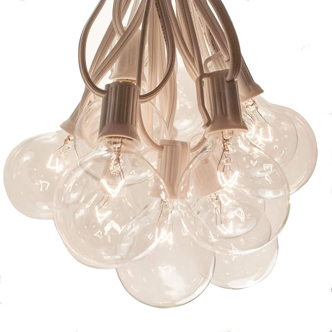 G50 Clear 2 Inch Light Bulbs with C7 Stringer 18 Gauge (White Wire, 50')