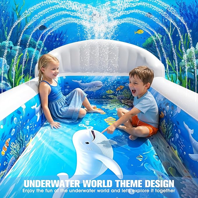 FizZeal Kiddies Pool,Inflatable Pool with Sprinkler,Inflatable Pools with Big Backrest for Toddlers,Rectangle Kids Pool Backyard,Kids Swimming Pool,Small Inflatable Pool, Outdoor Water Pool for Kids