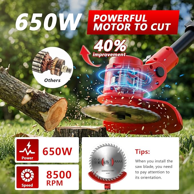 Electric Weed Wacker Cordless, 4000mAh Weed Eater Battery Powered with Wheel, 4 in 1 Grass Trimmer/Heavy Duty Brush Cutter/Lawn Edger/Weed Trimmer, No String Trimmer with Blade, 2 Battery Garden Tool