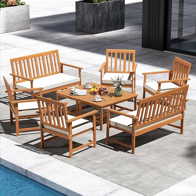 Tangkula 8-Piece Acacia Wood Patio Conversation Set, Outdoor Furniture Set with 2 Armchairs, Loveseat, Coffee Table, Soft Cushions, Slatted Sofa and Chairs Set for Deck, Backyard (Off White,2)