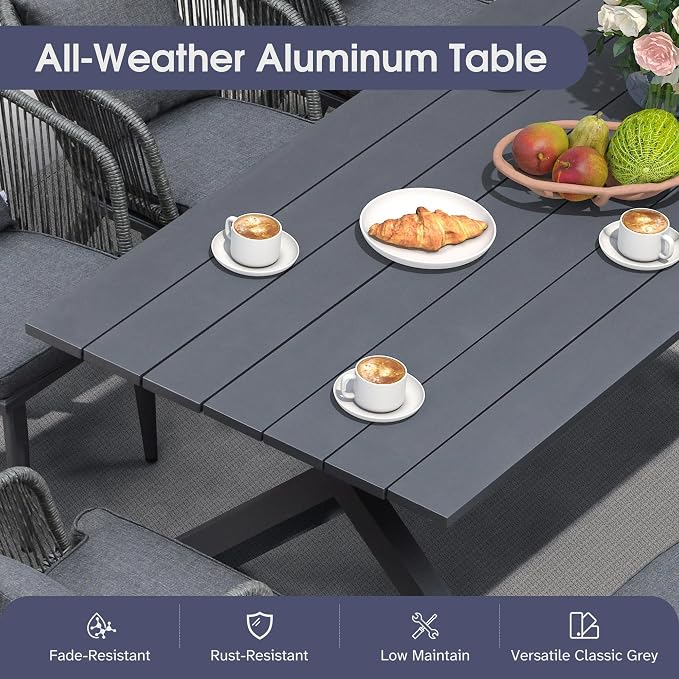 PURPLE LEAF 11 Pieces Patio Dining Set Wicker Outdoor Furniture Rectangular Table and Chairs Set for Garden Deck Aluminum Frame Backyard Kitchen Set, Cushions and Pillows Included Grey