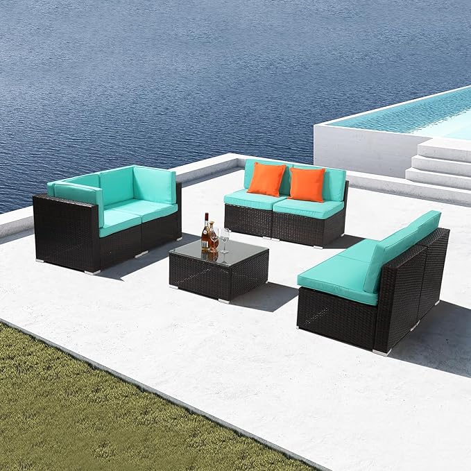 7 Pieces Large Wicker Patio Furniture Set, Rattan Outdoor Sectional Sofa Set, Patio Conversation Set for Garden, Sectional Outdoor Furniture, Outdoor Sofa,Sectional Couch with Coffee Table