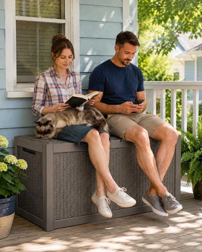 MAKINO 325 Gallon Extra Large Waterproof Deck Box, Heavy Duty Resin Outdoor Storage Box, Outside Storage Bench with Hydraulic Rod for Patio/Cushions/Garden Tools/Backyard/Pool Accessories, Grey Brown