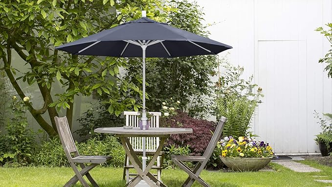 California Umbrella 9' Round Aluminum Market Umbrella, Crank Lift, Collar Tilt, White Pole, Navy