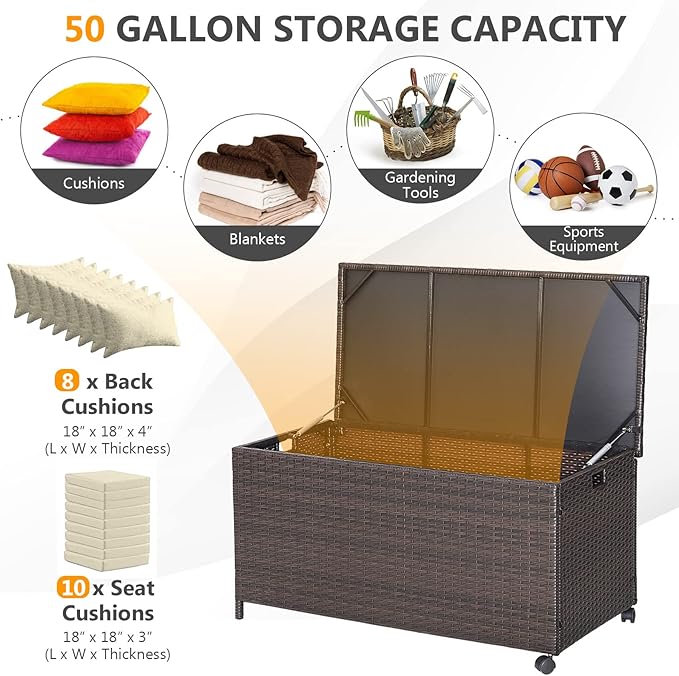 50 Gallon Deck Box, PE Wicker Storage Box with Lid, Water-resistant Liner & Universal Wheels, Outdoor Storage Container for Pillows, Cushions, Garden Tools (Mix Brown)