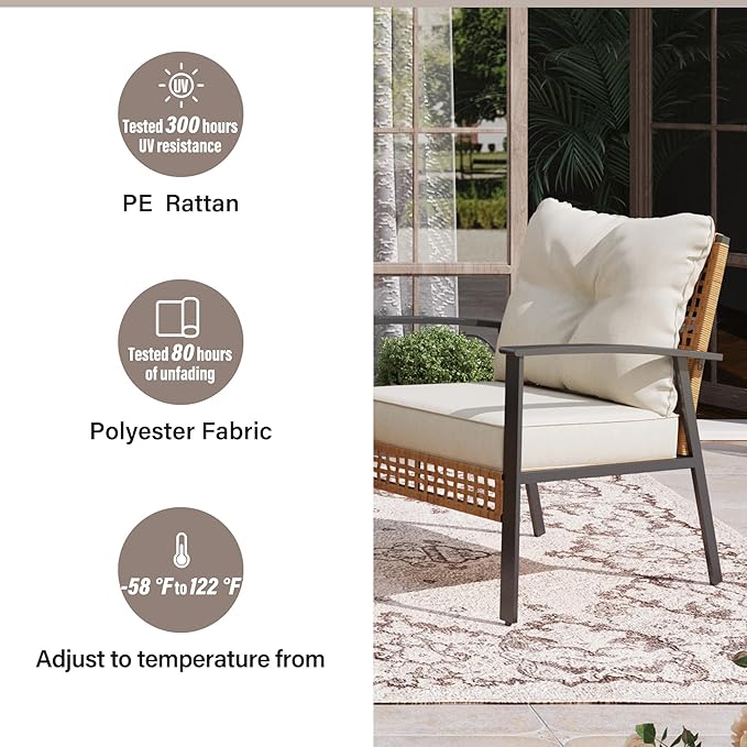 LAUSAINT HOME 4 Pieces Wicker Patio Conversation Set, Oversized Outdoor Furniture with Soft Cushions & 2 Tier Storage Coffee Table - for Backyard, Garden, Patio (Beige)