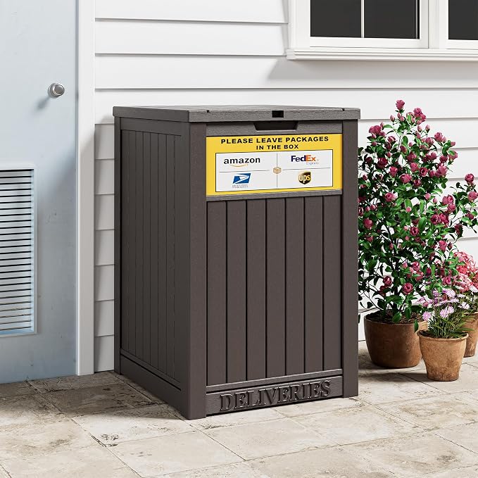 Package Delivery Box for Outside With Sign, Lockable Outdoor Storage Box Waterproof Deck Box, Large Double Wall Resin Parcel Drop Boxes, 48 Gallon, Classic Brown