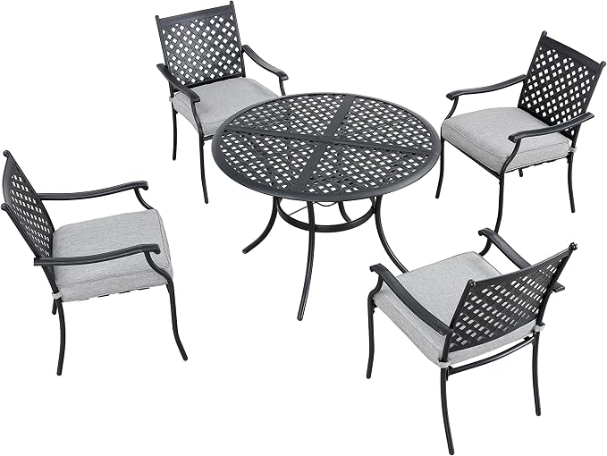 LOKATSE Home 5 Piece Outdoor Patio Metal Dining 4 Iron Arm Chairs with Seat Cushions and 1 Table with Umbrella Hole, Grey-Set