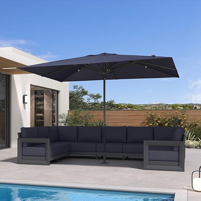 PURPLE LEAF 11' x 8' Rectangular Semi-Auto Outdoor Patio Umbrella Aluminium Market Umbrella Table Sun Umbrella with 1.89" Rod and 8 Sturdy Ribs for Deck Lawn Pool Garden, Navy Blue