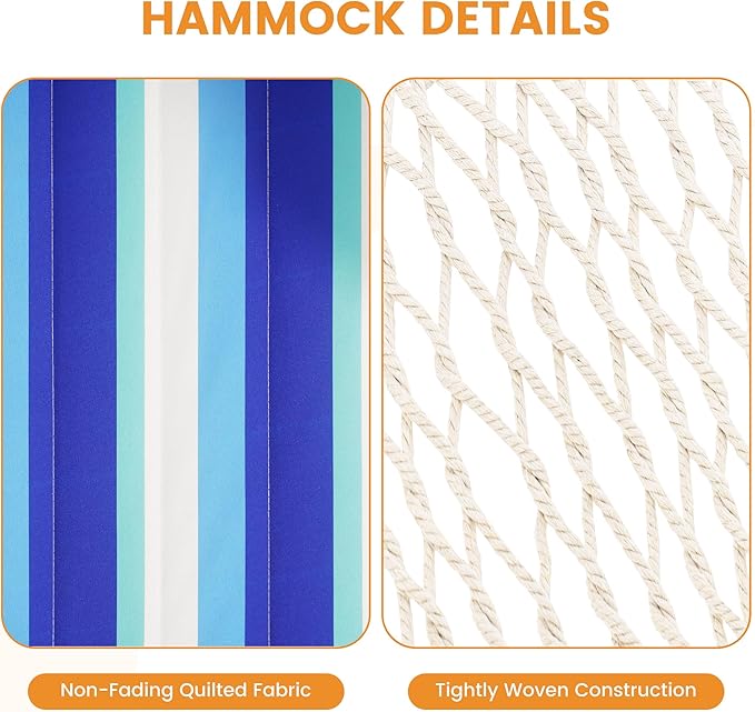 Lazy Daze Hammocks Rope Hammock with Pad, Spreader Bar, Carabiners, Tree Straps, Chains for Outside Patio- Max 450 Lbs, Ocean Stripes