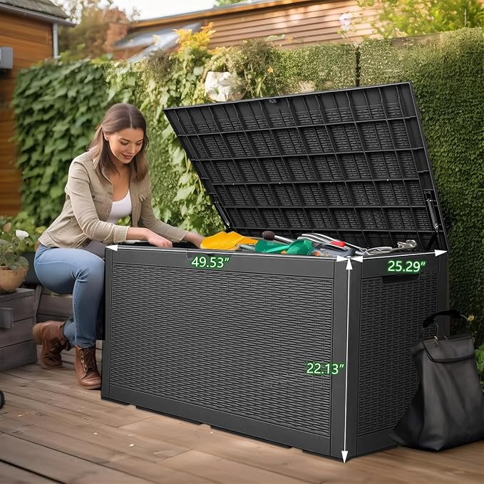 Vixzen 120 Gallon Deck Boxes Outdoor Waterproof, Resin Lockable Storage Box for Patio Cushions Storage Furniture, Garden Tools, Pool Supplies, Weatherproof and UV Resistant (Black, 120 Gallon)