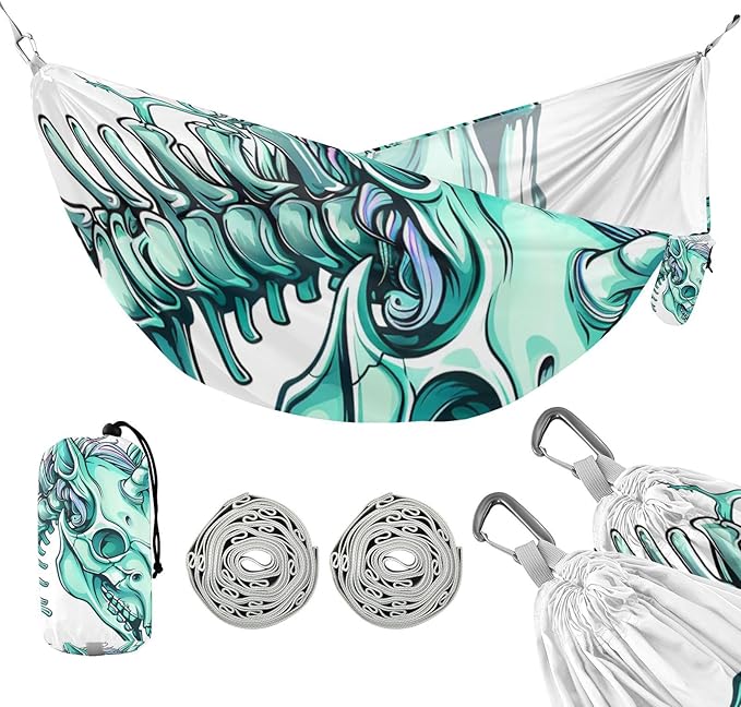 Unicorns Skull Skeleton Hemlock Outlined Aqua 330lb Capacity Outdoor Hammock with Portabl Carry Bag Fabric Hammock for Indoor Outdoor Patio hamaca con soporte para adultos