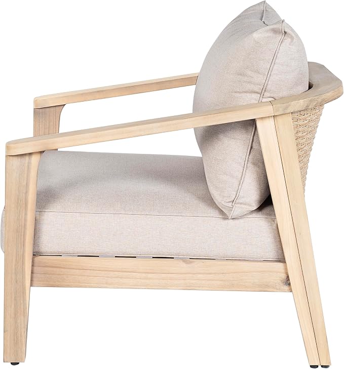 Merax 1 Piece Outdoor Acacia Wood and Wicker Club Chair, Light White Finish with Beige Cushion, Patio Garden Armchair