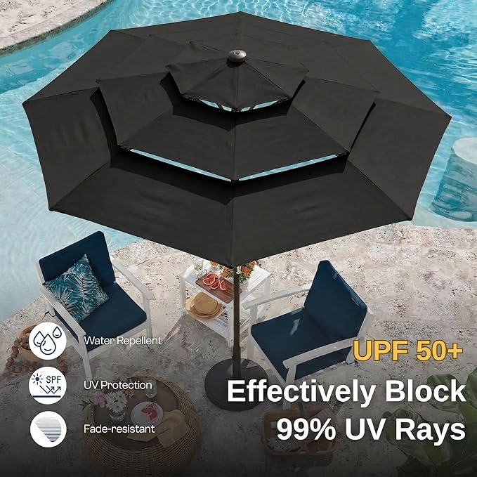 10ft 3 Tier Patio Umbrella, Outdoor Market Table Umbrella with UPF 50+ Vented Canopy, 8 Sturdy Ribs, Easy Push Button Tilt and Crank, Windproof for Deck, Pool, Backyard and Garden