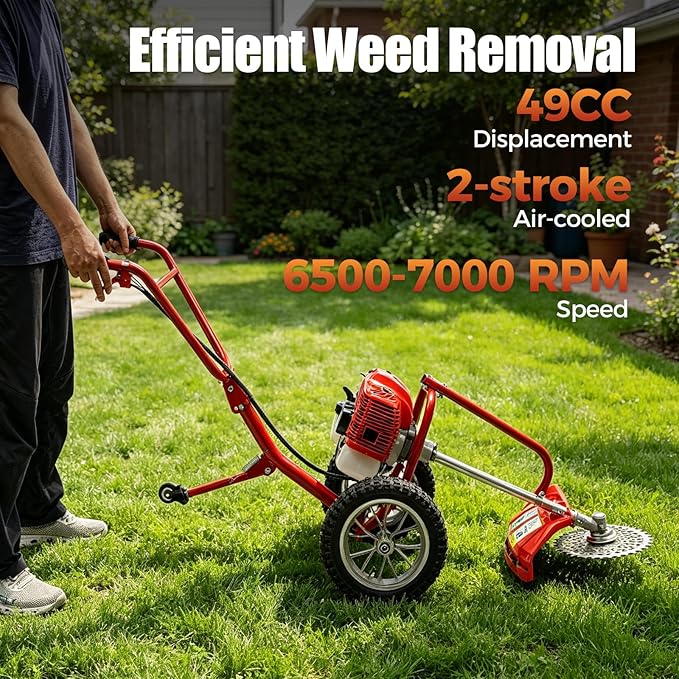2 Stroke Hand Push Lawn Mower, 49CC Gas Powered Walk Behind Weed Wacker, 6500-7000R/Min Walk Behind String Trimmer with 0.95L Fuel Tank, Gas Weed Eater for Mountains, Hills, Plains