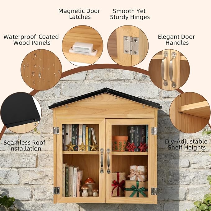 Outdoor Little Free Library Box, Weather-Resistant Wooden Blessing Box with Metal Roof & Adjustable Shelf, Easy-to-Assemble Lending Library for Books, Food Pantry for Neighborhood Community
