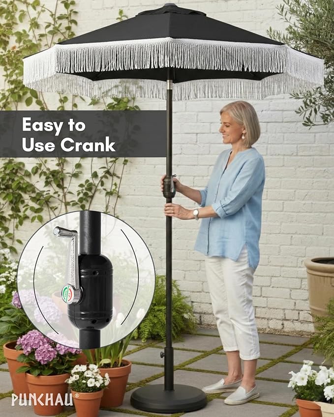 6 Ft Fringe Patio Umbrella - Outdoor Umbrella for Patio, Pool, Table, Garden, & Deck, Push Button Tilt Pole - Fashionable Vintage Tassels - White