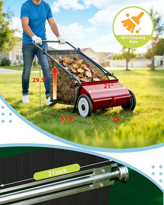 GarveeLife Push Lawn Sweeper, 21 Inch Extra-Wide 4-Brush System, 3.5 cu.ft. Mesh Bag, Heavy Duty Steel Frame, Height-Adjustable Yard & Garden Cleaner for Leaves and Grass, Red