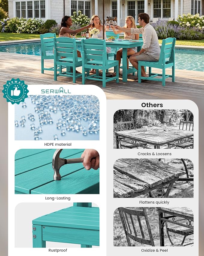 SERWALL 7-Pc HDPE Patio Dining Set, 1 Table & 6 Armless Chairs, Aruba | HDPE Outdoor Dining Set with Rectangular Table & 6 Armless Chairs, All-Weather Resistant SERWALL Dining Set for 6